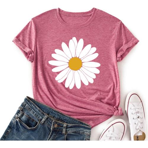 Women Short Sleeve Casual Summer T-shirts Flower Daisy Graphic Tee Tops Female Clothes Streetwear Shirts Girls Shirts Top Tees