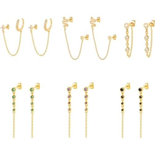 AIDE 2021 Trend 925 Silver Piercing Stud Earring Pendientes Plata Chain Earring Purple Zircon Aretes Woman Jewelry Bijoux Femme