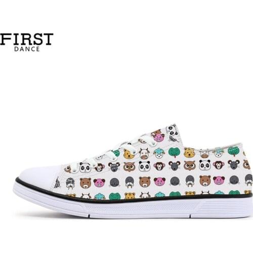 FIRST DANCE Fashion Cute Animals Printed Shoes White Canvas Shoes For Women Girls School Low Tops Shoes for Ladies Cute Shoes