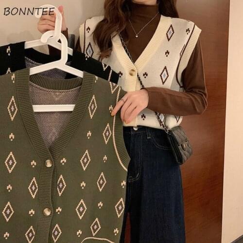 Sweater Vest Women Argyle Button College Elegant Simple All Match Streetwear Casual Fashion Loose Korean Style Female Soft Chic