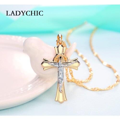 LADYCHIC Crucifix Jesus Gold Cross Necklace for Women Men Classic Christian Cross Pendant Church Accessories Dropshipping LN1069