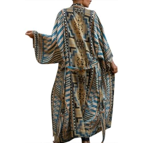Women Bohemian Long Sleeve Kimono Cardigan Vintage Geometric Pattern Belted Open Front Tops Blouse Shirt Beach Bikini Dropship