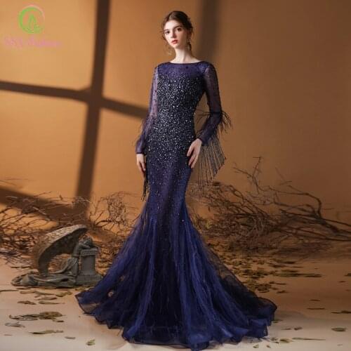 SSYFashion New Luxury Navy Blue Mermaid Evening Dress Long Sleeve Sexy Sequins Beading Fishtail Prom Gowns Vestidos De Fiesta