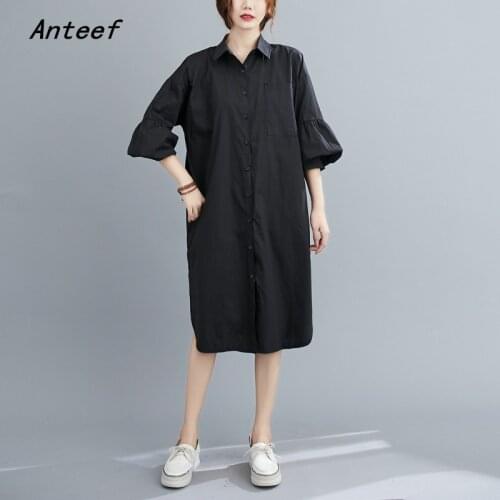 Anteef long sleeve cotton vintage dresses for women casual loose midi spring autumn shirt dress elegant clothing 2021