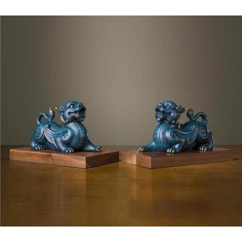 11 inches Chinese Art Deco Pure Brass painted Foo Dog Lion dragon Kylin sculpture Decoration Home Furnishings Gift Statue