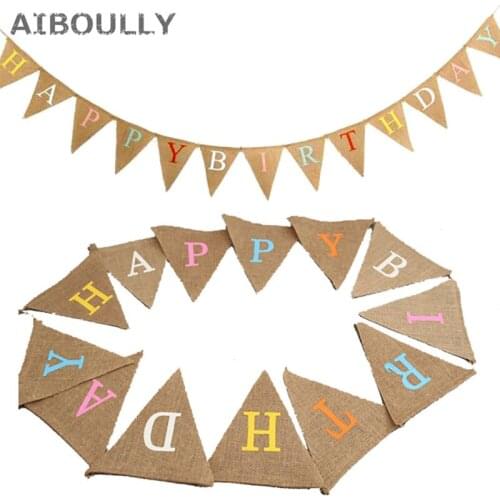 13 flags Cloth Happy Birthday Banner Letters Shaped Bell Garland Flags Birthday Party Decoration Linen Flags