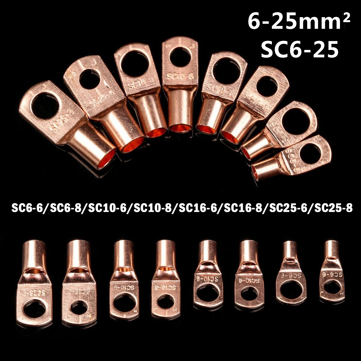 25/50/100pcs Copper Lug Ring Wire Connectors Bare Cable Electric Crimp Terminal SC6-6 SC6-8 SC10-6 SC10-8 SC16-6 SC16-8 SC25-6