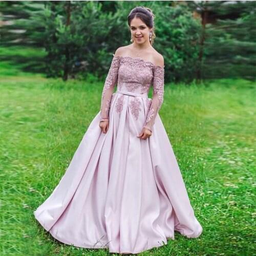 2019 Satin Pink Evening Dresses Appliques Long Sleeves Formal Dress Boat Neck Abiti Da Cerimonia Da Sera