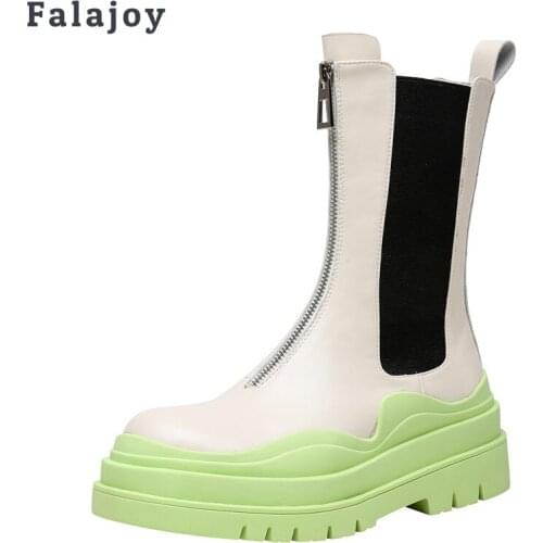 Falajoy Slip on Combat Boot Front Zip Platform Patchwork Genuine Leather Luxury Quality Brand Autumn Fashion Ankle Boots Women
