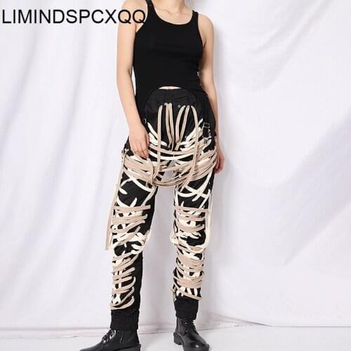 Cross Bandage Pants For Women High Waist Plus Size Casual Black Trousers Female 2021 Autumn Style Trousers Splicing Clothing New