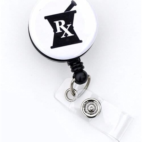 Black 1.25" Badge Reel/ Pharmacist/Registered Pharmacist/RX Retractable Badge Reel with swivel clip 10pcs/lot