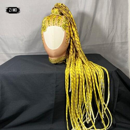 Designer yellow Rhinestone Wigs Women Crystal drag queen Long Hair Headwear Nightclub Party Headdress Singer Stage Accessories