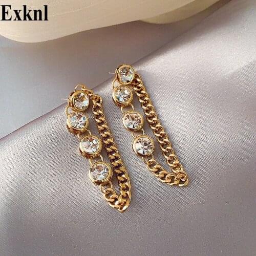 Exknl Style Korean Luxury Tassel Drop Earrings Wedding Vintage Rhinestone Chain Fashion Gold Color Long Earrings Jewelry INS