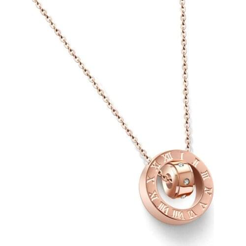Hot Sale Roman Numerals Double Round Rose Gold Color Stainless Steel Necklace