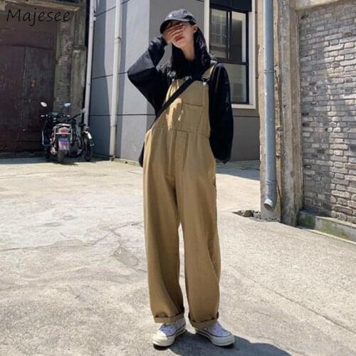 Jumpsuits Women Denim Khaki Harajuku BF Full Length Vintage Streetwear Pockets Loose Trousers Daily Students All-match Overalls
