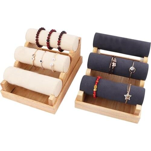 2Pcs Solid Wood 3-Layer Detachable Bracelet Wooden Watch Jewelry Storage Display Stand Beige + Gray