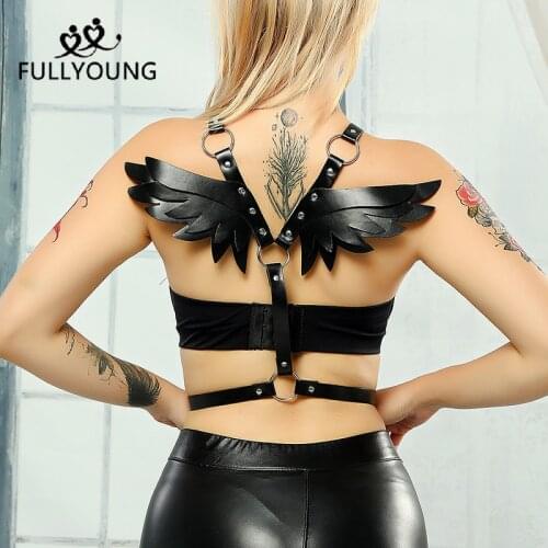 Fullyoung Angel Wings Leather Harness Women Straps Bra Garter Bra Suspenders Belt Punk Bustier Corset Body Bondage Gothic Punk