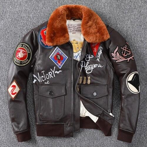 2021 Brown Military Style USAF Pilot Leather Jacket Europe Size 3XL Wool Collar Genuine Natural Cowhide Autumn Aviation Coat