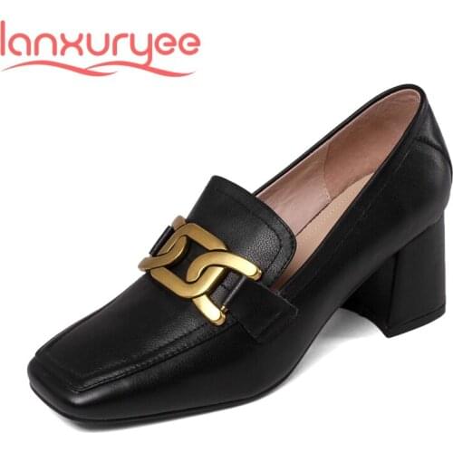 Lanxuryee European style genuine leather square toe high heels metal decoration office lady daily wear slip on women pumps L12