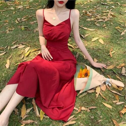 Summer Fairy Long Red Dress Women Solid Black Sleeveless Chiffon Dress Women