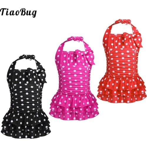 Summer Kids Girls One-Piece Adjustable Halter Polka Dots Ruched Tiered Swimsuit Swimwear Bathing Suit Beach Dress