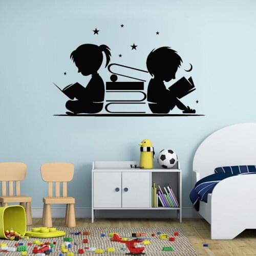 Boy Girl Read Books Wall Sticker Stars Moon Wall Art Murals Library Reading Corner Wall Decor Children Room Nursery Decoration