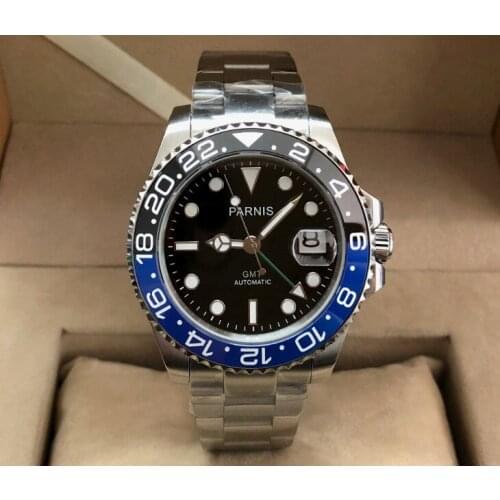 40mm PARNIS Sapphire Crystal 21 jewels GMT Automatic machinery movement mens watch blue&Black ceramic bezel luminous pa172-p8