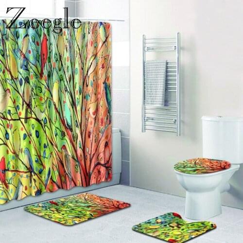 Zeegle Printed Scenic Bath Mat Set with Shower Curtain Washable Toilet Soft Mat Pedestal Rug Lid Toilet Cover Bath Mat Pad Set