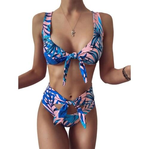 Newest Arrival Women Fashion Printed Bikini Suits Ladies Sexy Tied Backless Cami Top+Tight High Waist Thong Split Swimsuits