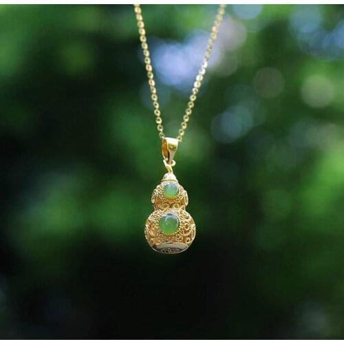 New silver inlaid natural Hetian Chalcedony gourd Pendant Necklace with unique Chinese ancient gold craft womens brand jewelry