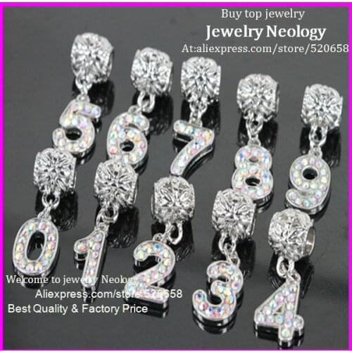 Wholesale 50pcs Silver plated Large Hole Charms Beads Lucky Numbers rhinestone crystal AB pendant Fit European jewelry