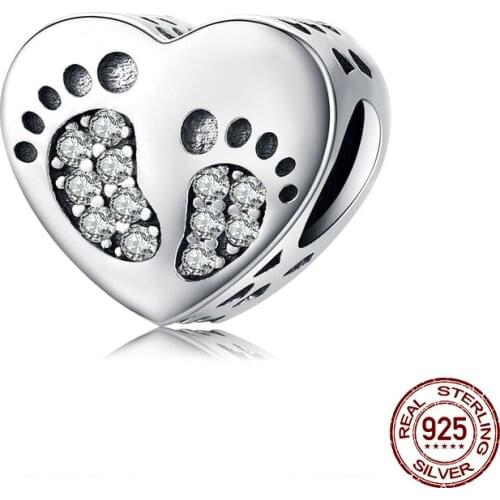Fit original bracelet beads heart shaped clear CZ footprint charm for women luxury bangle jewelry making 925 sterling silver