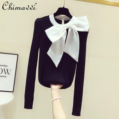 Bow Lace-up Pullover Elegant Slim Fit Sweater Womens Tops 2021 Autumn Women Clothing New Fashionable All-Match Sweater