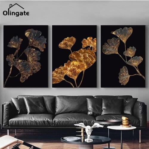 Modern Abstract Black Canvas Poster Nordic Simple Gold Leaves Canvas Painting One Piece Wall Art Sofa Background Wall Home Decor