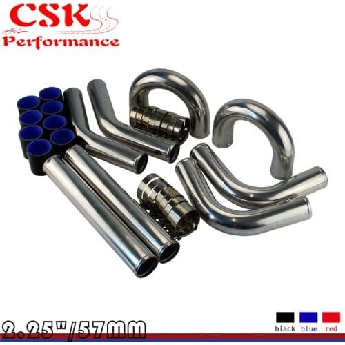 TURBO INTERCOOLER PIPE 2.25" CHROME ALUMINUM PIPING PIPE TUBE+T-CLAMPS+BLACK SILICONE HOSES