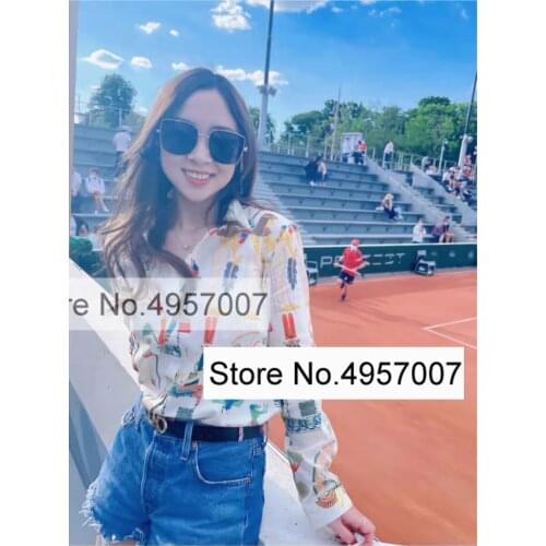 Elfbop Long Sleeve Cotton Lapel Vintage Printing Blouse Shirt