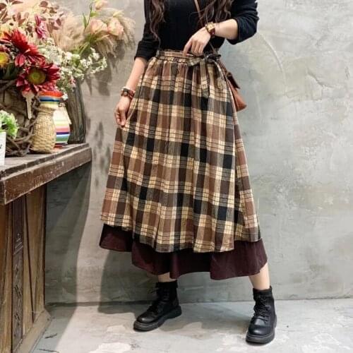 Vintage flax Pleated Plaid Skirt Women High Waist Plus Size Long Skirt 2021 Autumn Winter Harajuku Female Party Skirt Streetwear