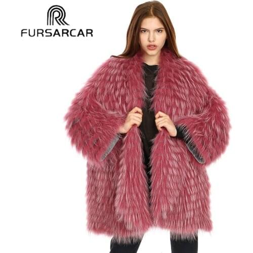 FURSARCAR New Fashion Winter Real Fur Jacket Women Full Pelt Fur With Striped Cut Raccoon Fur Coat 80 CM Long Fur Coat