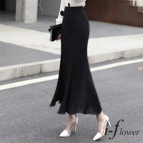 2021 Elegant Fashion Summer Long Skirt Elastic High Waist Skirt A-line Office Lady Black Chiffon Skirt Mermaid Faldas Largas