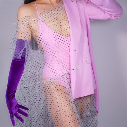 Female Velvet Long Gloves 60cm Long Section Deep Purple Models High Elastic Velvet Gold Velvet Touch Screen 5-SRZS60