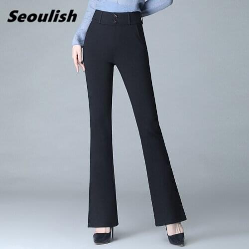 Seoulish New 2021 Spring Summer Solid Korean OL Style Women Formal Flare Pants Pockets High Waist Office Lady Long Pants