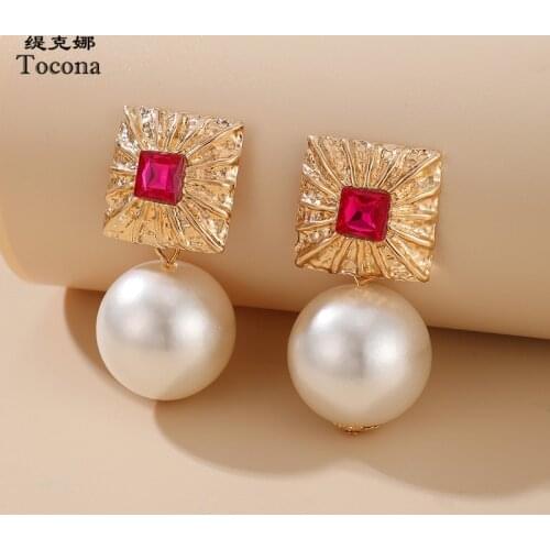 Tocona Luxury Pearl Stone Dangle Drop Earrings for Women 2020 Charming Square Geometric Party Jewelry Gift Accessories 9675