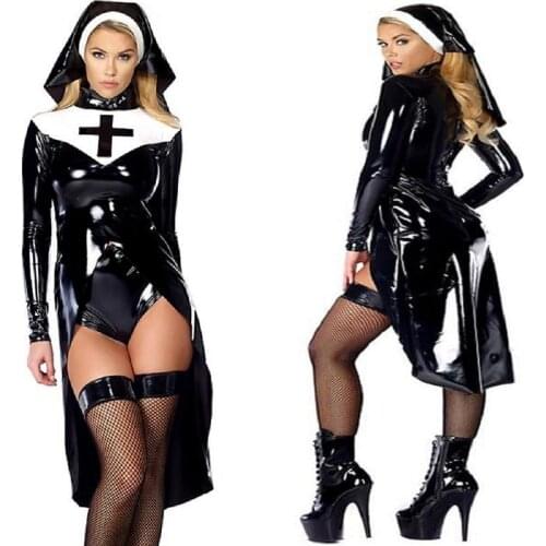 Women Saintlike Seductress Costume Faux Leather PVC Wetlook Nun Costume Halloween Cosplay Fancy Dress S-XXL