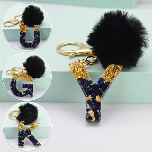 1Pc Black Pompom Letter Keychain English Alphabet Keyring Glitter Gradient Resin Car Mirror Accessory Women Handbag Charms