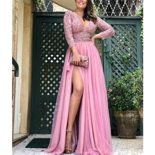 2020 Arabic Aso Ebi Blush Pink Lace Beaded Evening Dresses Deep V-neck Prom Dresses High Split Formal Party Second Reception