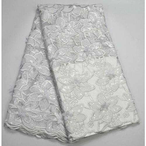 White Pretty african 3D applique lace fabric with Beads embroidered sequins tulle lace fabric 5 yards For Wedding dress RR016
