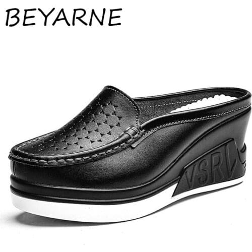 BEYARNESummerThick Bottom White Ladies High Heels Slides Genuine Leather Women Wedges Slippers Cut-Outs Wedge Heel Sandals Shoes