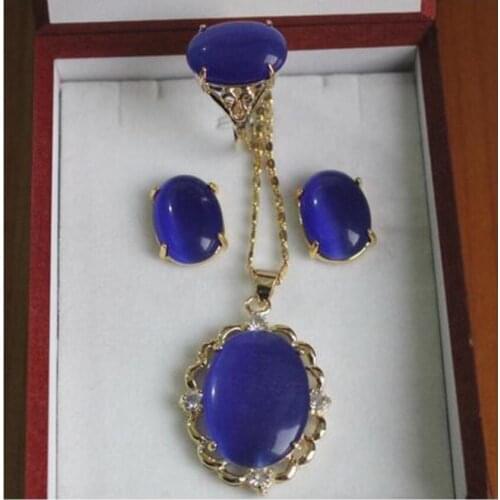 Noble 13*18mm plated blue opal ring earrings &pendant fashion jewelry set