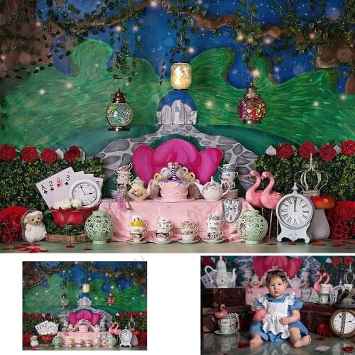 Tea Party Cake Smash Jungle Photography Backdrops Forest Wonderland Fairy Girl Child Background Summer Flamingo Flowers Decor
