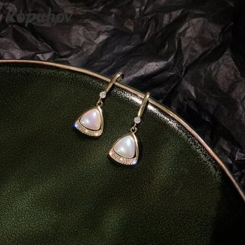 ROPUHOV 2021 Korean Trendy Gold Plated Diamond-encrusted Pearl Earrings High-grade Retro Earhook Trend Joker Short Earrings